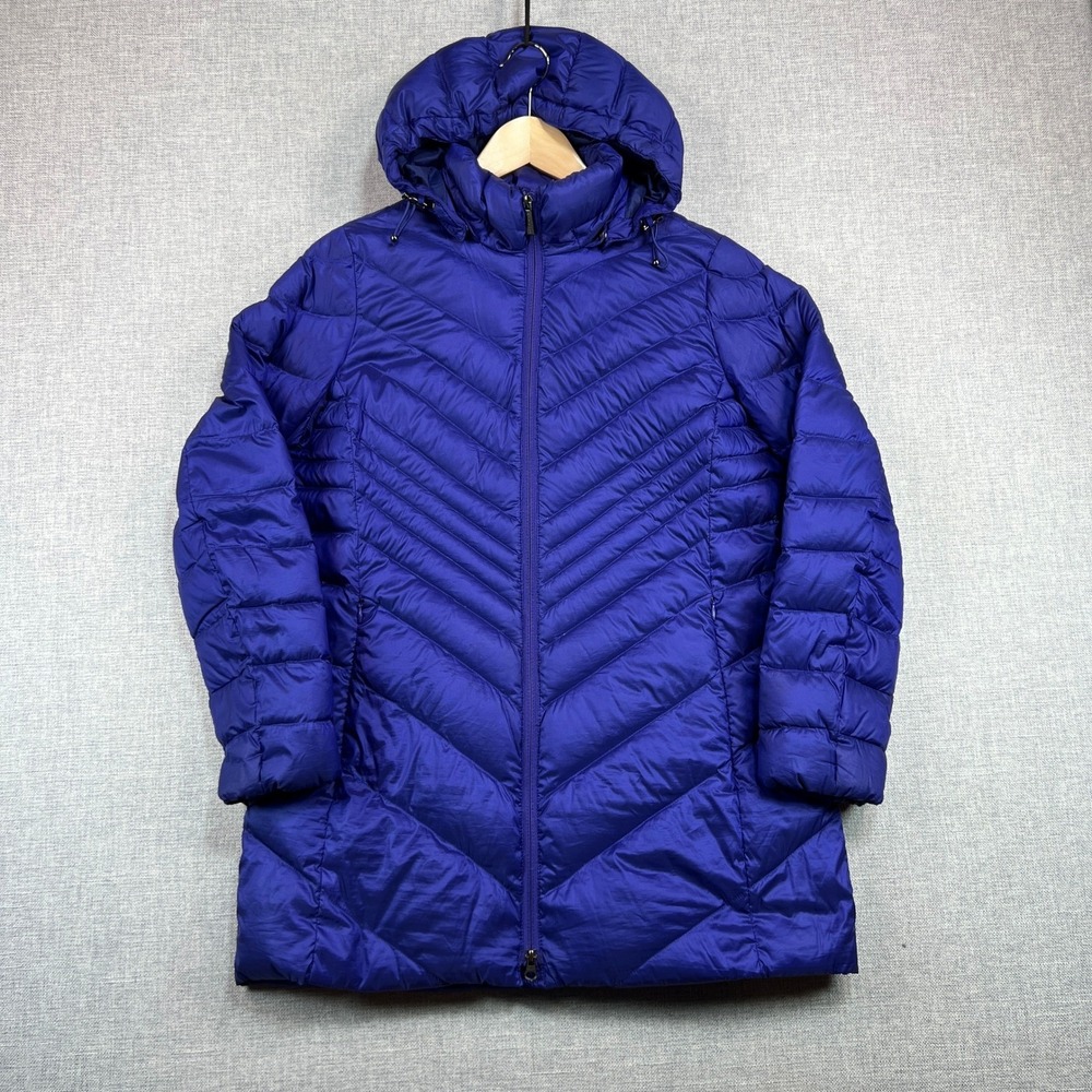 Lands End Lightweight 90% Down Long Puffer Coat Jacket Hooded Blue Womens Small